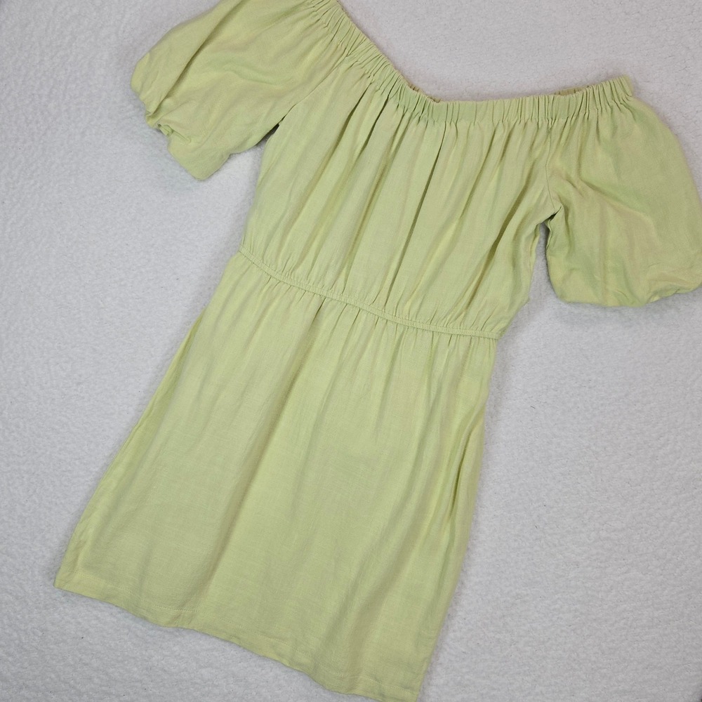 Guess Faith Off Shoulder Mini Dress Womens Large Green Puff Sleeve NEW